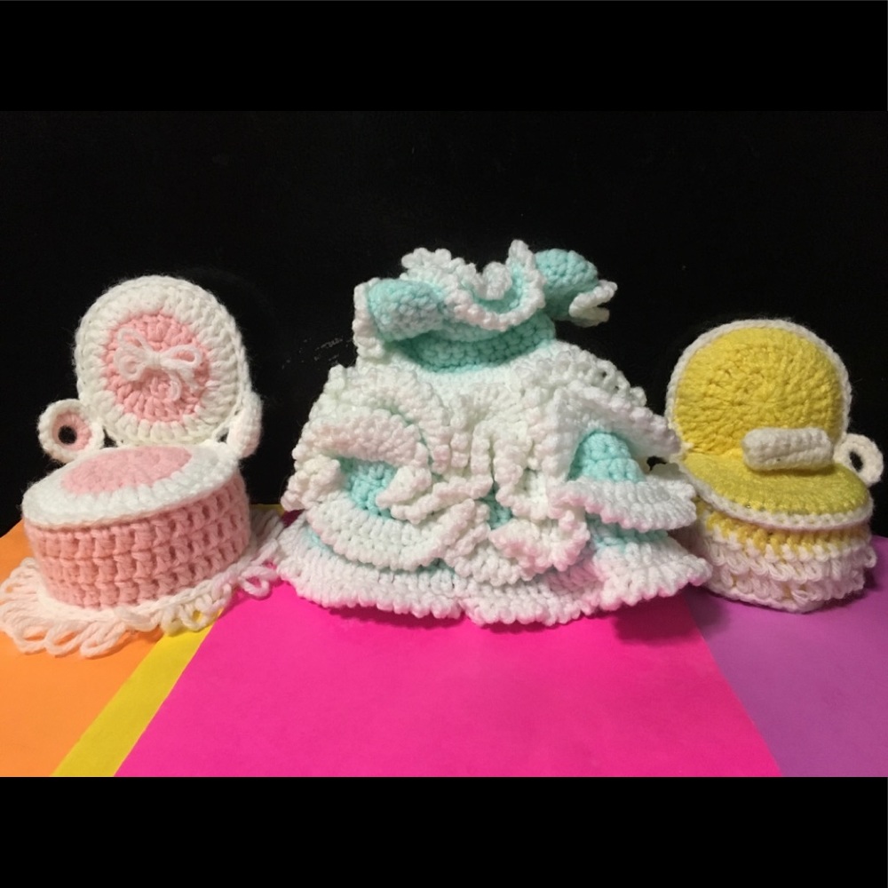HANDMADE DOLL DRESS & (2) Chair Pincushions